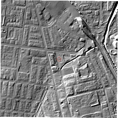 Shaded relief map of the ground around TS42BH, computed from Environment Agency LiDAR. The ground here sits at about 4 m above sea level and falls 9 m across the surrounding 800 m. Surface water reaching this point runs off ground lying to the south-south-west, 1.5 m higher.