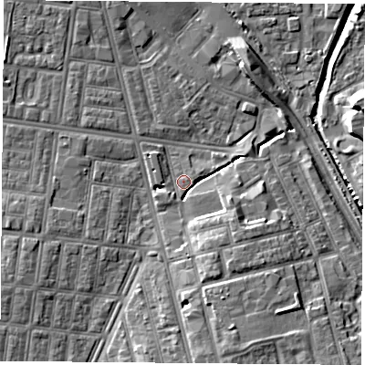 Shaded relief map of the ground around TS42BL, computed from Environment Agency LiDAR. The ground here sits at about 5 m above sea level and falls 9 m across the surrounding 800 m. Surface water reaching this point runs off ground lying to the south-east, 6.6 m higher.