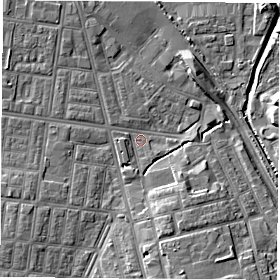 Shaded relief map of the ground around TS42BN, computed from Environment Agency LiDAR. The ground here sits at about 4 m above sea level and falls 9 m across the surrounding 800 m. Surface water reaching this point runs off ground lying to the south-south-east, 8.1 m higher.