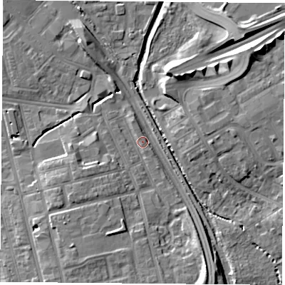 Shaded relief map of the ground around TS42BP, computed from Environment Agency LiDAR. The ground here sits at about 5 m above sea level and falls 11 m across the surrounding 800 m. Surface water reaching this point runs off ground lying to the south-south-east, 9.8 m higher.