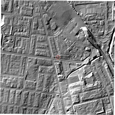 Shaded relief map of the ground around TS42BQ, computed from Environment Agency LiDAR. The ground here sits at about 5 m above sea level and falls 8 m across the surrounding 800 m. Surface water reaching this point runs off ground lying to the south-south-east, 7.0 m higher.