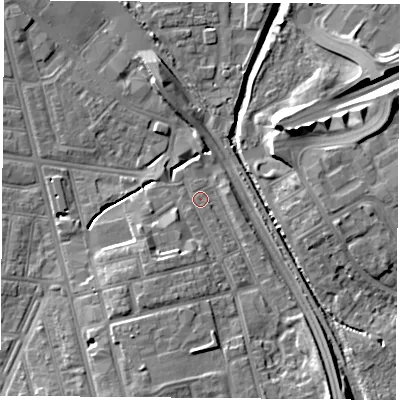 Shaded relief map of the ground around TS42BY, computed from Environment Agency LiDAR. The ground here sits at about 4 m above sea level and falls 10 m across the surrounding 800 m. Surface water reaching this point runs off ground lying to the south-south-west, 5.0 m higher.