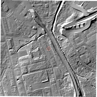 Shaded relief map of the ground around TS42BZ, computed from Environment Agency LiDAR. The ground here sits at about 4 m above sea level and falls 11 m across the surrounding 800 m. Surface water reaching this point runs off ground lying to the south, 6.3 m higher.
