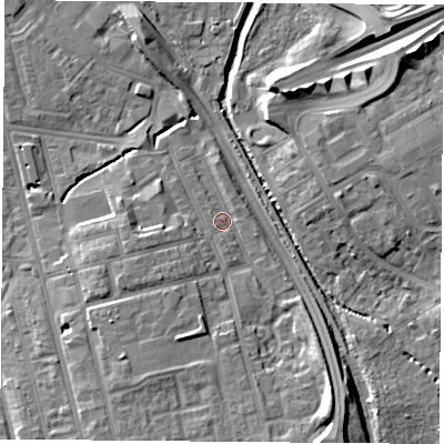 Shaded relief map of the ground around TS42DB, computed from Environment Agency LiDAR. The ground here sits at about 5 m above sea level and falls 11 m across the surrounding 800 m. Surface water reaching this point runs off ground lying to the south-south-west, 6.0 m higher.