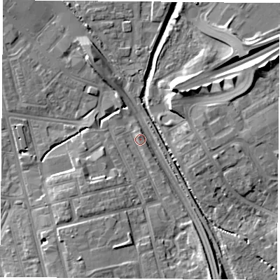 Shaded relief map of the ground around TS42DG, computed from Environment Agency LiDAR. The ground here sits at about 5 m above sea level and falls 11 m across the surrounding 800 m. Surface water reaching this point runs off ground lying to the south-south-east, 8.5 m higher.