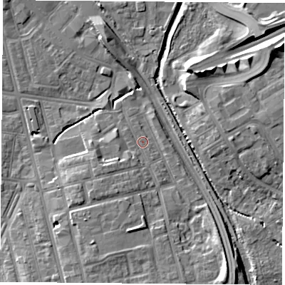 Shaded relief map of the ground around TS42EA, computed from Environment Agency LiDAR. The ground here sits at about 5 m above sea level and falls 11 m across the surrounding 800 m. Surface water reaching this point runs off ground lying to the south-west, 4.5 m higher.