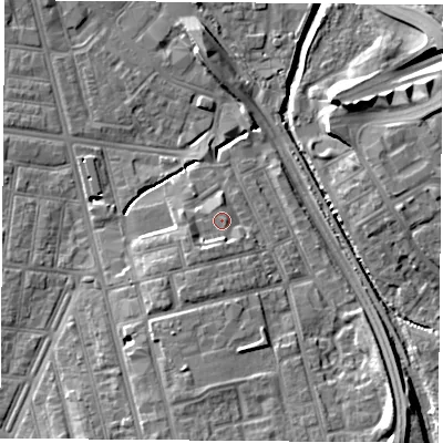 Shaded relief map of the ground around TS42ED, computed from Environment Agency LiDAR. The ground here sits at about 6 m above sea level and falls 11 m across the surrounding 800 m. Surface water reaching this point runs off ground lying to the south-west, 2.9 m higher.