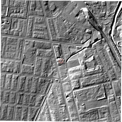 Shaded relief map of the ground around TS42EE, computed from Environment Agency LiDAR. The ground here sits at about 5 m above sea level and falls 8 m across the surrounding 800 m. Surface water reaching this point runs off ground lying to the west, 3.0 m higher.