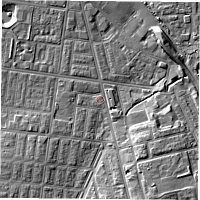 Shaded relief map of the ground around TS42EN, computed from Environment Agency LiDAR. The ground here sits at about 5 m above sea level and falls 8 m across the surrounding 800 m. Surface water reaching this point runs off ground lying to the south-south-east, 7.4 m higher.