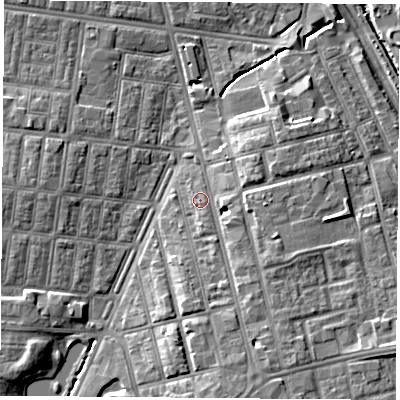 Shaded relief map of the ground around TS42ES, computed from Environment Agency LiDAR. The ground here sits at about 7 m above sea level and falls 10 m across the surrounding 800 m. Surface water reaching this point runs off ground lying to the south-south-east, 4.5 m higher.