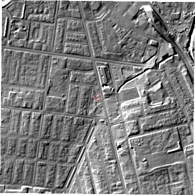 Shaded relief map of the ground around TS42EW, computed from Environment Agency LiDAR. The ground here sits at about 4 m above sea level and falls 8 m across the surrounding 800 m. Surface water reaching this point runs off ground lying to the south-east, 7.4 m higher.