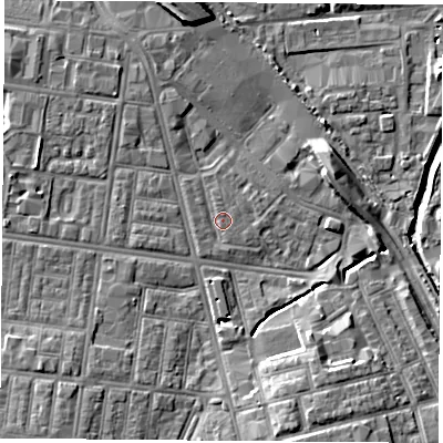 Shaded relief map of the ground around TS42FB, computed from Environment Agency LiDAR. The ground here sits at about 5 m above sea level and falls 9 m across the surrounding 800 m. Surface water reaching this point runs off ground lying to the south-west, 0.9 m higher.