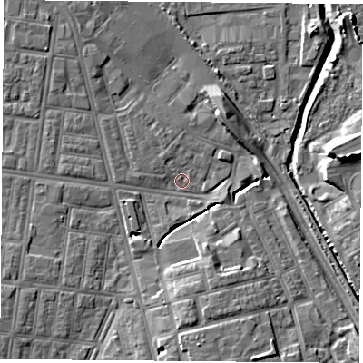 Shaded relief map of the ground around TS42FD, computed from Environment Agency LiDAR. The ground here sits at about 4 m above sea level and falls 10 m across the surrounding 800 m. Surface water reaching this point runs off ground lying to the south, 7.7 m higher.