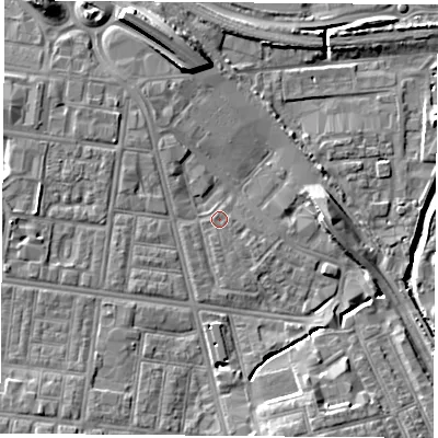 Shaded relief map of the ground around TS42FE, computed from Environment Agency LiDAR. The ground here sits at about 4 m above sea level and falls 10 m across the surrounding 800 m. Surface water reaching this point runs off ground lying to the south-east, 0.7 m higher.