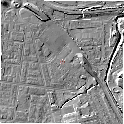 Shaded relief map of the ground around TS42FF, computed from Environment Agency LiDAR. The ground here sits at about 4 m above sea level and falls 10 m across the surrounding 800 m. Surface water reaching this point runs off ground lying to the north-north-west, 8.4 m higher.