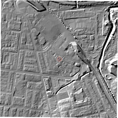 Shaded relief map of the ground around TS42FG, computed from Environment Agency LiDAR. The ground here sits at about 5 m above sea level and falls 10 m across the surrounding 800 m. Surface water reaching this point runs off ground lying to the west, 0.7 m higher.