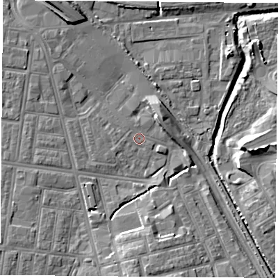 Shaded relief map of the ground around TS42FQ, computed from Environment Agency LiDAR. The ground here sits at about 4 m above sea level and falls 10 m across the surrounding 800 m. Surface water reaching this point runs off ground lying to the south, 7.4 m higher.