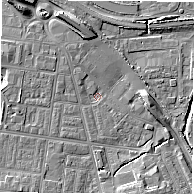 Shaded relief map of the ground around TS42FS, computed from Environment Agency LiDAR. The ground here sits at about 4 m above sea level and falls 13 m across the surrounding 800 m. Surface water reaching this point runs off ground lying to the west-north-west, 3.8 m higher.
