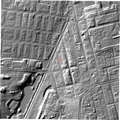Shaded relief map of the ground around TS42HP, computed from Environment Agency LiDAR. The ground here sits at about 6 m above sea level and falls 9 m across the surrounding 800 m. Surface water reaching this point runs off ground lying to the south-east, 2.7 m higher.
