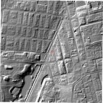 Shaded relief map of the ground around TS42HW, computed from Environment Agency LiDAR. The ground here sits at about 6 m above sea level and falls 9 m across the surrounding 800 m. Surface water reaching this point runs off ground lying to the south-east, 6.0 m higher.