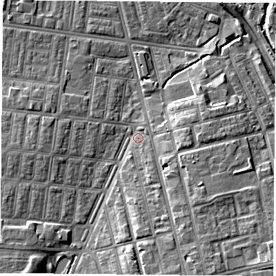 Shaded relief map of the ground around TS42JD, computed from Environment Agency LiDAR. The ground here sits at about 6 m above sea level and falls 9 m across the surrounding 800 m. Surface water reaching this point runs off ground lying to the south-south-east, 5.7 m higher.