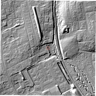 Shaded relief map of the ground around TS42QA, computed from Environment Agency LiDAR. The ground here sits at about 10 m above sea level and falls 14 m across the surrounding 800 m. Surface water reaching this point runs off ground lying to the south-south-east, 8.9 m higher.