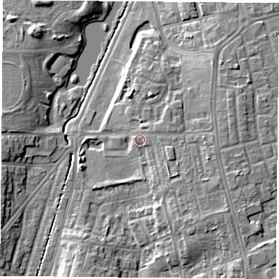 Shaded relief map of the ground around TS42RD, computed from Environment Agency LiDAR. The ground here sits at about 10 m above sea level and falls 10 m across the surrounding 800 m. Surface water reaching this point runs off ground lying to the east, 1.6 m higher.
