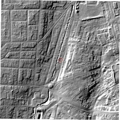 Shaded relief map of the ground around TS42RX, computed from Environment Agency LiDAR. The ground here sits at about 8 m above sea level and falls 11 m across the surrounding 800 m. Surface water reaching this point runs off ground lying to the west-south-west, 7.3 m higher.