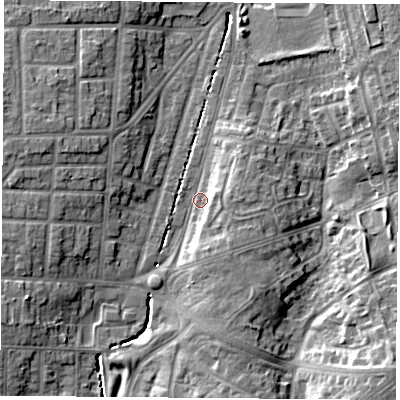Shaded relief map of the ground around TS42RY, computed from Environment Agency LiDAR. The ground here sits at about 8 m above sea level and falls 11 m across the surrounding 800 m. Surface water reaching this point runs off ground lying to the east, 4.4 m higher.