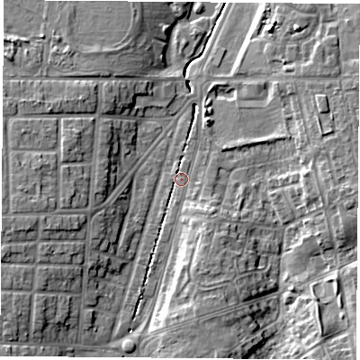 Shaded relief map of the ground around TS42RZ, computed from Environment Agency LiDAR. The ground here sits at about 8 m above sea level and falls 10 m across the surrounding 800 m. Surface water reaching this point runs off ground lying to the south-south-east, 3.6 m higher.