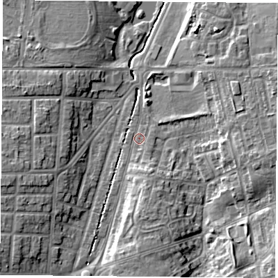 Shaded relief map of the ground around TS42SA, computed from Environment Agency LiDAR. The ground here sits at about 8 m above sea level and falls 10 m across the surrounding 800 m. Surface water reaching this point runs off ground lying to the south, 3.8 m higher.