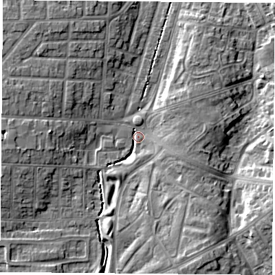 Shaded relief map of the ground around TS42TZ, computed from Environment Agency LiDAR. The ground here sits at about 8 m above sea level and falls 9 m across the surrounding 800 m. Surface water reaching this point runs off ground lying to the south-south-east, 8.0 m higher.