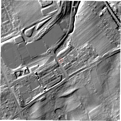 Shaded relief map of the ground around TS43AE, computed from Environment Agency LiDAR. The ground here sits at about 30 m above sea level and falls 20 m across the surrounding 800 m. Surface water reaching this point runs off ground lying to the south-east, 10.3 m higher.