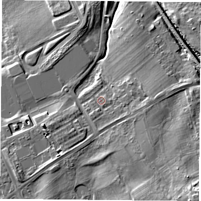 Shaded relief map of the ground around TS43FB, computed from Environment Agency LiDAR. The ground here sits at about 31 m above sea level and falls 20 m across the surrounding 800 m. Surface water reaching this point runs off ground lying to the south-east, 2.2 m higher.
