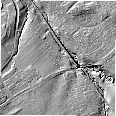 Shaded relief map of the ground around TS43SQ, computed from Environment Agency LiDAR. The ground here sits at about 29 m above sea level and falls 19 m across the surrounding 800 m. Surface water reaching this point runs off ground lying to the south-south-west, 4.9 m higher.