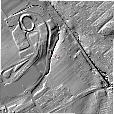 Shaded relief map of the ground around TS43TR, computed from Environment Agency LiDAR. The ground here sits at about 27 m above sea level and falls 18 m across the surrounding 800 m. Surface water reaching this point runs off ground lying to the east-south-east, 2.4 m higher.