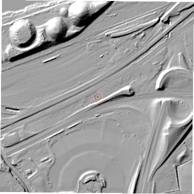 Shaded relief map of the ground around TS54AB, computed from Environment Agency LiDAR. The ground here sits at about 4 m above sea level and falls 26 m across the surrounding 800 m. Surface water reaching this point runs off ground lying to the east-south-east, 3.8 m higher.