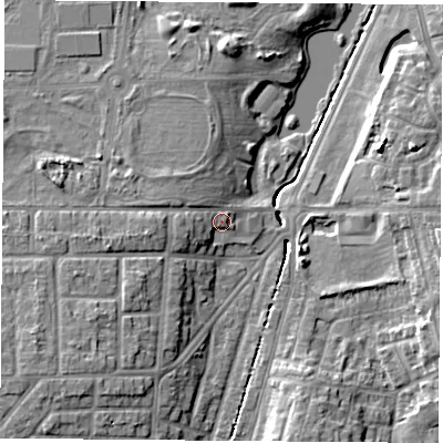 Shaded relief map of the ground around TS56LF, computed from Environment Agency LiDAR. The ground here sits at about 9 m above sea level and falls 9 m across the surrounding 800 m. Surface water reaching this point runs off ground lying to the west-south-west, 3.6 m higher.