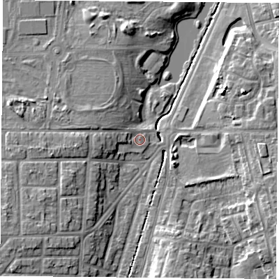 Shaded relief map of the ground around TS56LG, computed from Environment Agency LiDAR. The ground here sits at about 8 m above sea level and falls 9 m across the surrounding 800 m. Surface water reaching this point runs off ground lying to the west, 4.4 m higher.