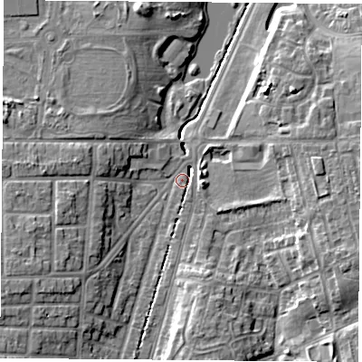 Shaded relief map of the ground around TS56LH, computed from Environment Agency LiDAR. The ground here sits at about 7 m above sea level and falls 9 m across the surrounding 800 m. Surface water reaching this point runs off ground lying to the east-south-east, 8.5 m higher.