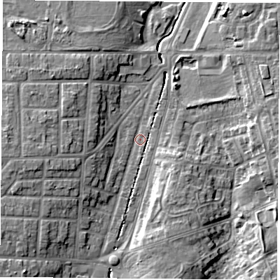 Shaded relief map of the ground around TS56LJ, computed from Environment Agency LiDAR. The ground here sits at about 7 m above sea level and falls 9 m across the surrounding 800 m. Surface water reaching this point runs off ground lying to the west, 7.2 m higher.