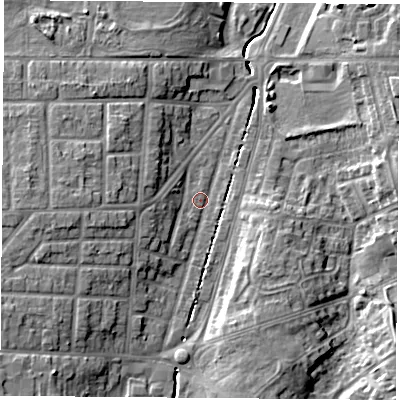 Shaded relief map of the ground around TS56LL, computed from Environment Agency LiDAR. The ground here sits at about 8 m above sea level and falls 9 m across the surrounding 800 m. Surface water reaching this point runs off ground lying to the west-south-west, 7.4 m higher.