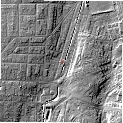 Shaded relief map of the ground around TS56LN, computed from Environment Agency LiDAR. The ground here sits at about 8 m above sea level and falls 10 m across the surrounding 800 m. Surface water reaching this point runs off ground lying to the west-south-west, 7.8 m higher.