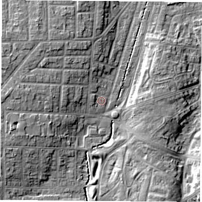 Shaded relief map of the ground around TS56LP, computed from Environment Agency LiDAR. The ground here sits at about 8 m above sea level and falls 8 m across the surrounding 800 m. Surface water reaching this point runs off ground lying to the west-north-west, 3.7 m higher.