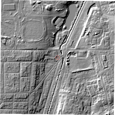 Shaded relief map of the ground around TS56LQ, computed from Environment Agency LiDAR. The ground here sits at about 7 m above sea level and falls 9 m across the surrounding 800 m. Surface water reaching this point runs off ground lying to the east-south-east, 8.3 m higher.