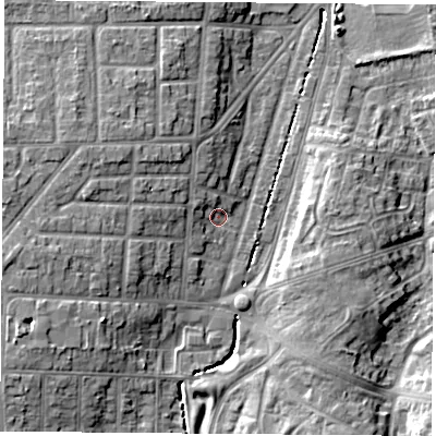 Shaded relief map of the ground around TS56LR, computed from Environment Agency LiDAR. The ground here sits at about 8 m above sea level and falls 9 m across the surrounding 800 m. Surface water reaching this point runs off ground lying to the west, 5.5 m higher.