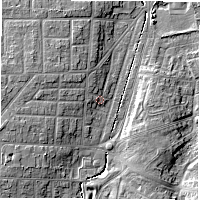 Shaded relief map of the ground around TS56LS, computed from Environment Agency LiDAR. The ground here sits at about 9 m above sea level and falls 10 m across the surrounding 800 m. Surface water reaching this point runs off ground lying to the west-north-west, 4.7 m higher.