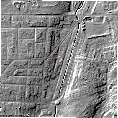 Shaded relief map of the ground around TS56LT, computed from Environment Agency LiDAR. The ground here sits at about 8 m above sea level and falls 10 m across the surrounding 800 m. Surface water reaching this point runs off ground lying to the west, 3.3 m higher.