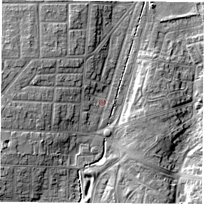 Shaded relief map of the ground around TS56LW, computed from Environment Agency LiDAR. The ground here sits at about 8 m above sea level and falls 9 m across the surrounding 800 m. Surface water reaching this point runs off ground lying to the west, 5.5 m higher.