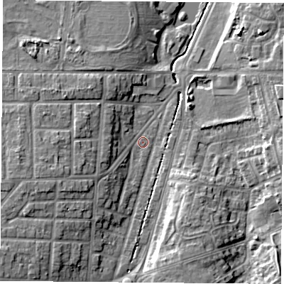 Shaded relief map of the ground around TS56LY, computed from Environment Agency LiDAR. The ground here sits at about 7 m above sea level and falls 9 m across the surrounding 800 m. Surface water reaching this point runs off ground lying to the south-west, 3.7 m higher.